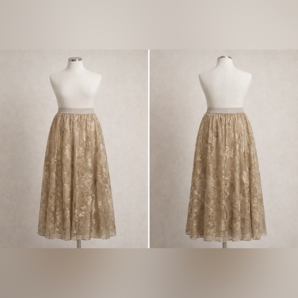 NWT Marina Rinaldi Carisma Light Gold Embroidered Mesh Midi Skirt